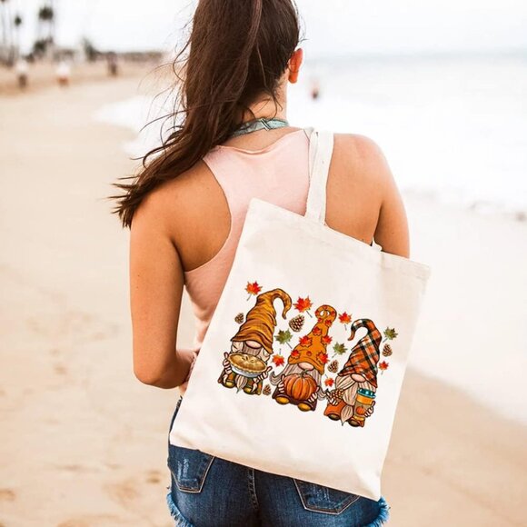 Cute Fall Gnomes Canvas Tote Bag for Women Aesthetic Autumn Leaves Pumpkin Reusa - Picture 5 of 5